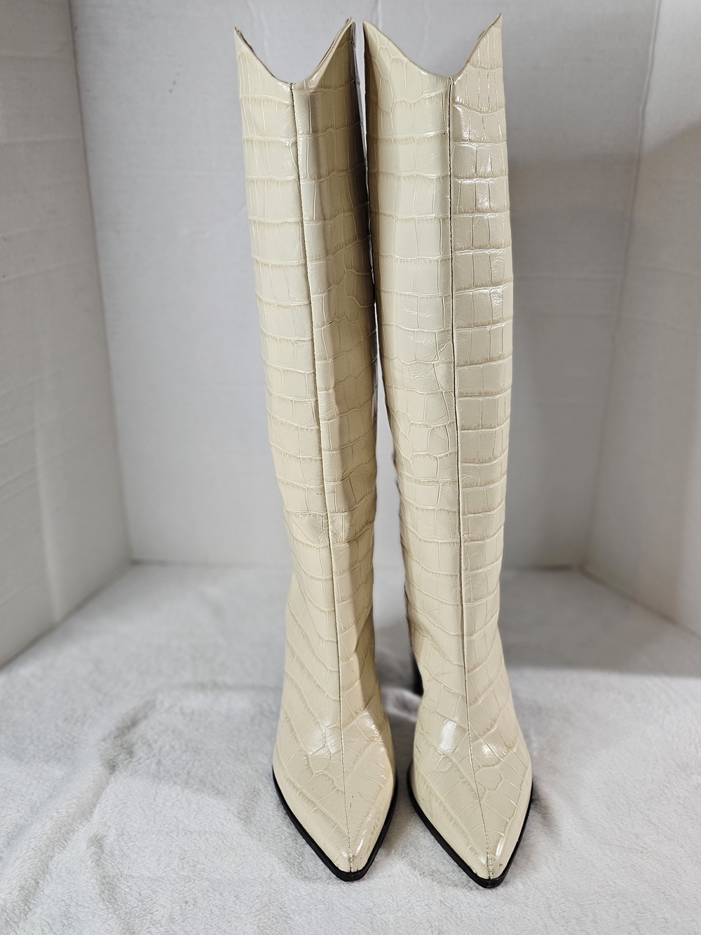 Over-the-Knee Croc-Embossed Pointed-Toe Boots in Cream